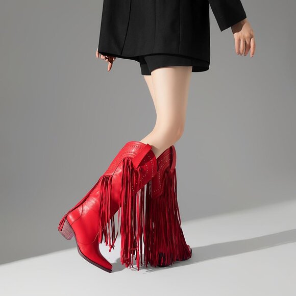 Women's Fashion Pointed Toe Chunky Pull On Knee High Heel Embroidered Red Boot - Picture 4 of 8